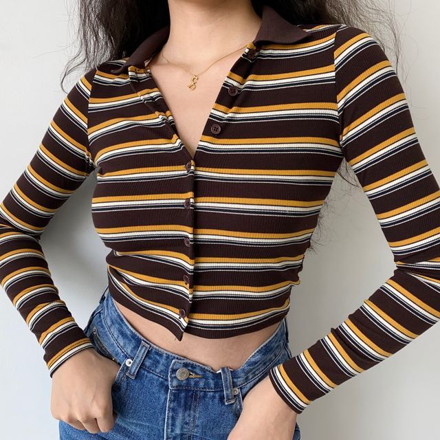 Sinora-Cropped Polo-Collar Striped Cardigan
