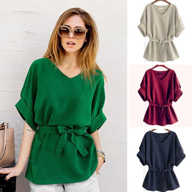 Supernova-Short-Sleeve V-Neck Plain Tie-Waist Top