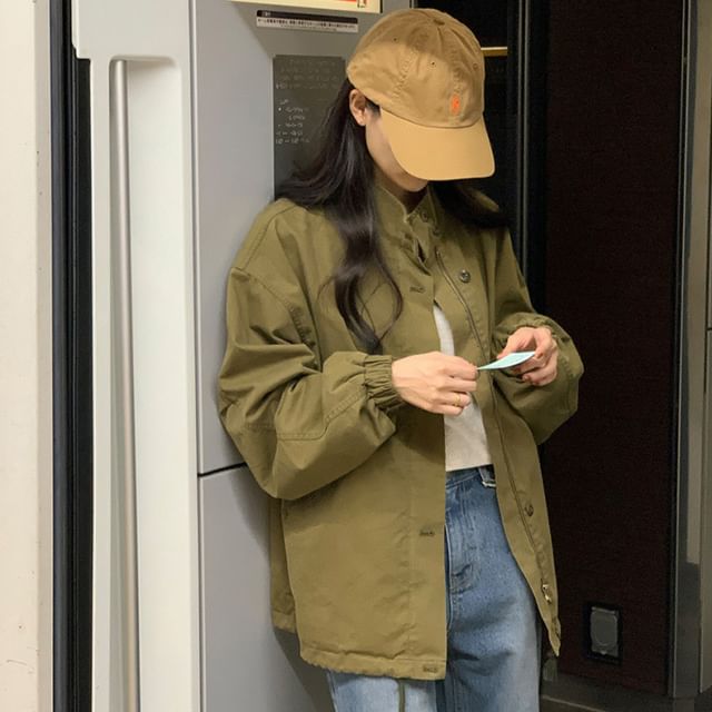 Jesong-Puff-Sleeve Plain Zip Jacket