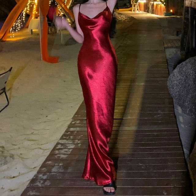 JIYON-Spaghetti Strap V-Neck Satin Plain Maxi Sheath Dress