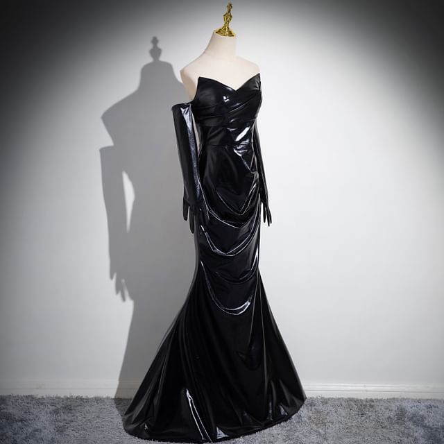 Keiko Girl - Set: Plain Ruched Faux Leather Mermaid Tube Evening Gown +  Gloves | YesStyle