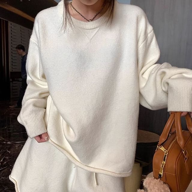 Cloud Nine-Set Round Neck Plain Sweater Drawstring Waist Knit Wide Leg Shorts