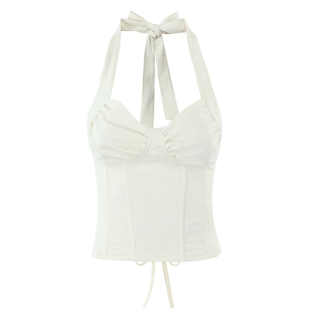 Ulark-Plain Ruched Lace-Up Halter Top