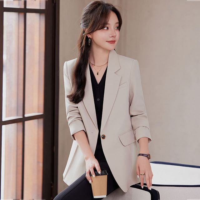 Skyheart-Lapel Collar Plain Single Button Blazer