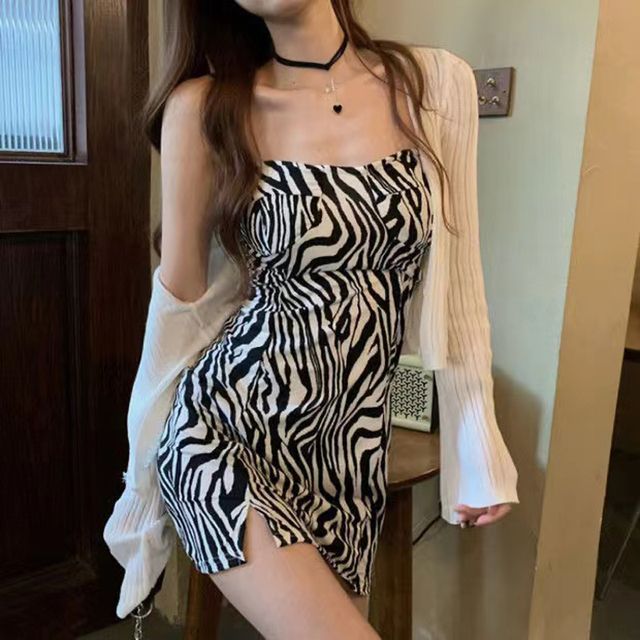 Everose-Spaghetti Strap Slit Mini Sheath Dress