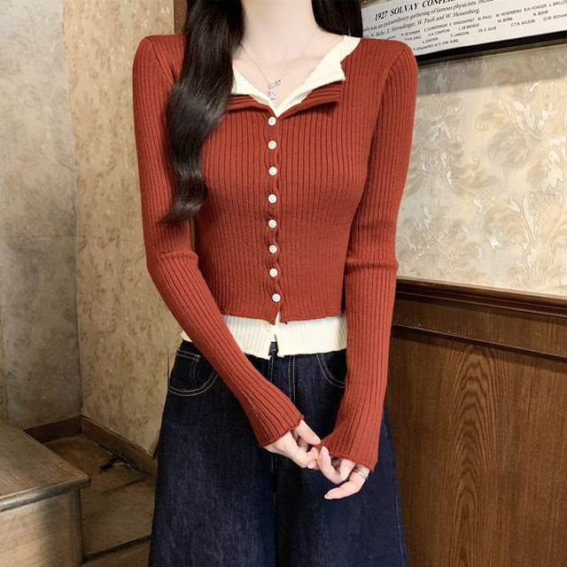 Dragan Pulse-Mock Two-Piece Long-Sleeve V-Neck Two Tone Button Knit Top