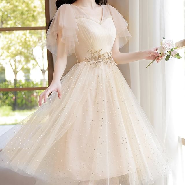 yesstyle bridesmaid dress Ever-Pretty Chiffon Ruffle Sleeve Empire Waist Lotus Hemline Summer Formal Wedding Guest Dress