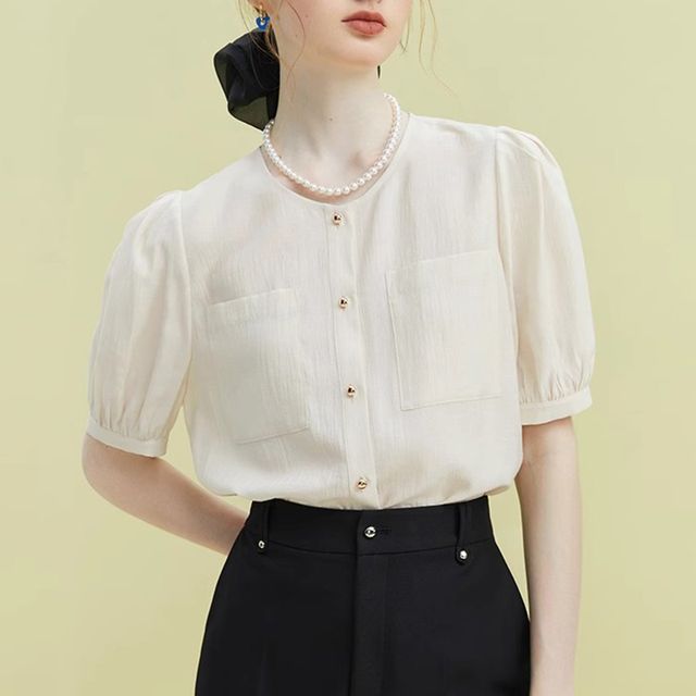 Everose-Short-Sleeve Round Neck Button-Up Plain Blouse