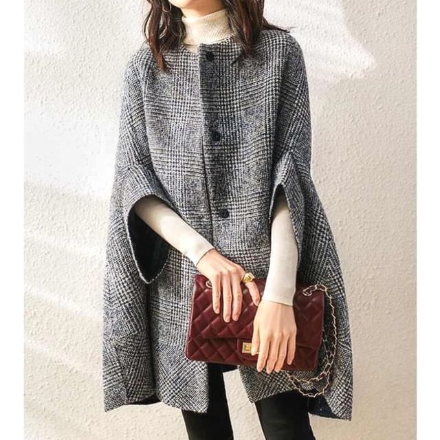 Lewwe-34-Sleeve Crew Neck Plaid Single-Breasted Coat