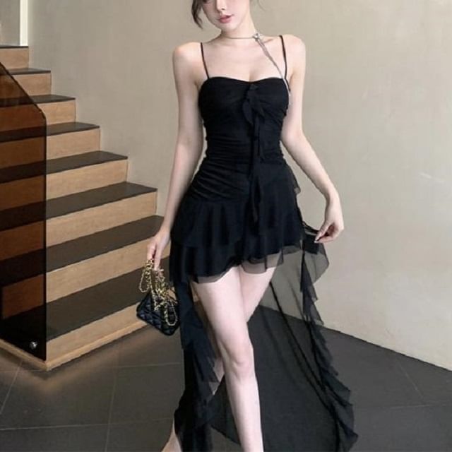 Odestra-Spaghetti Strap Mesh High Low A-Line Dress