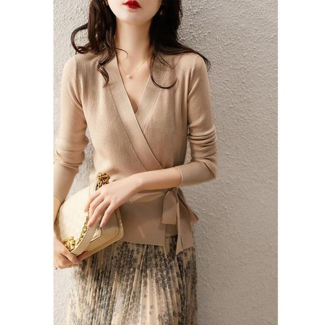 Jeonseon-V-Neck Plain Wrap Sweater