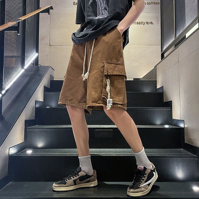 Hushgrain-Drawstring Waist Washed Cargo Denim Shorts