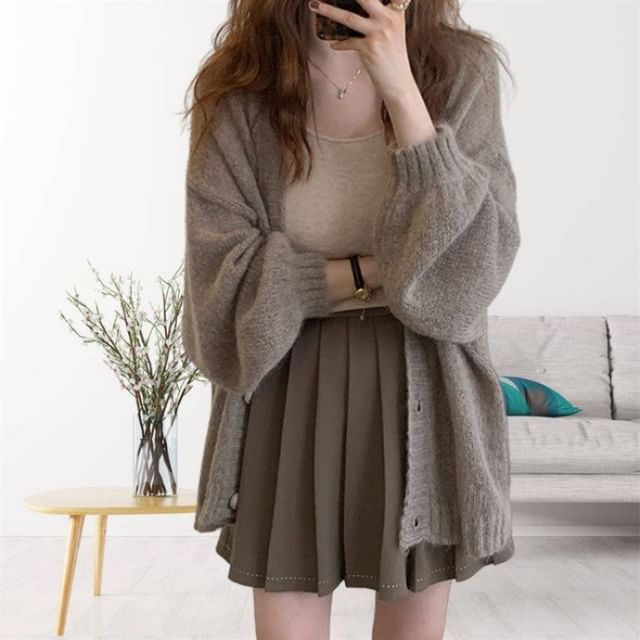 Sisyphi-Puff-Sleeve Plain Long Cardigan
