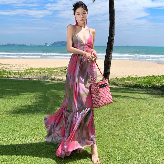 Moanum-Spaghetti Strap Tie Dye Open Back Maxi A-Line Sundress