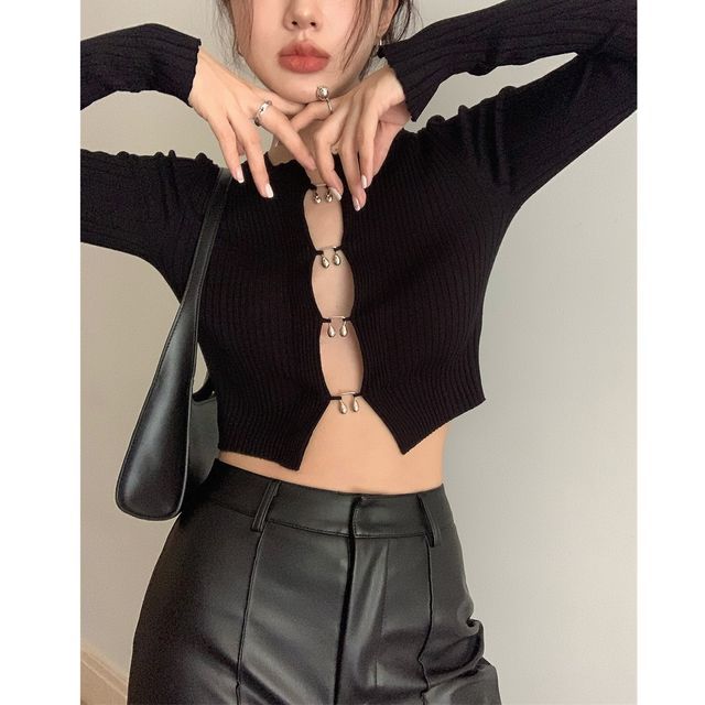 CosmoCorner - Long-Sleeve Ring-Accent Slim-Fit Cropped Knit Top /  High-Waist Faux-Leather Pants