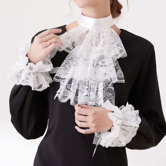 MIOW-Plain Lace Ruffle Decorative Collar Wrist Cuffs Set