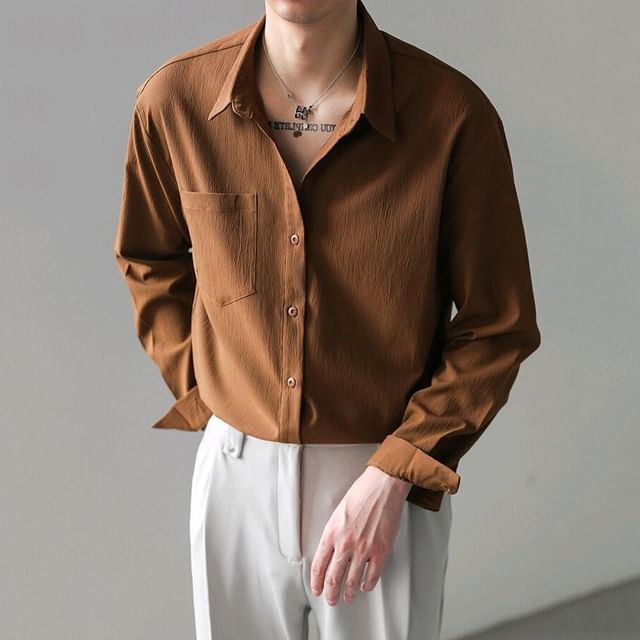 GRAYCIOUS-Long-Sleeve Plain Button-Up Shirt