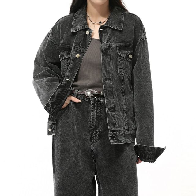 FAERIS-Couple Matching Collar Washed Denim Button Jacket Mid Waist Baggy Jeans