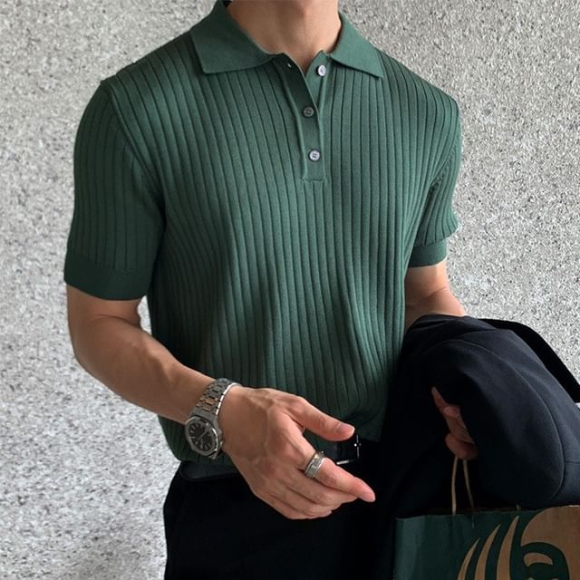 Macho-Short Sleeve Plain Ribbed Knit Polo Shirt