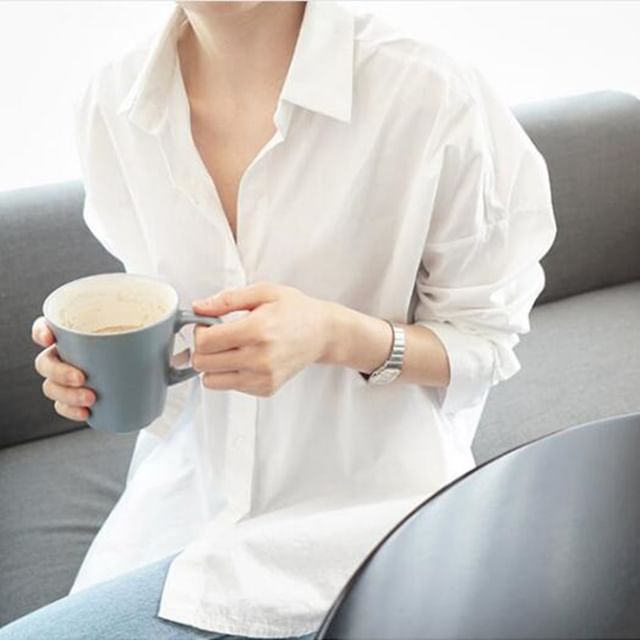 MIKIGA-Long Sleeve Collared Plain Shirt
