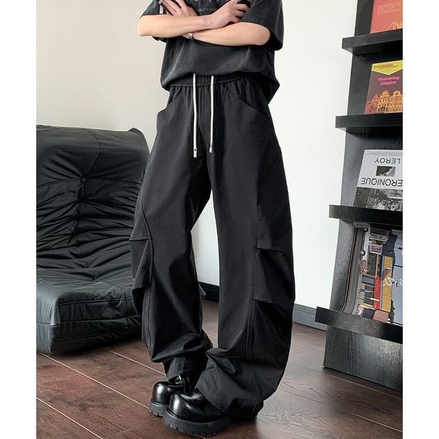 blastealle-Drawstring Waist Plain Wide Leg Pants