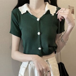 Sisyphi-Short-Sleeve Collared Button-Up Knit Top
