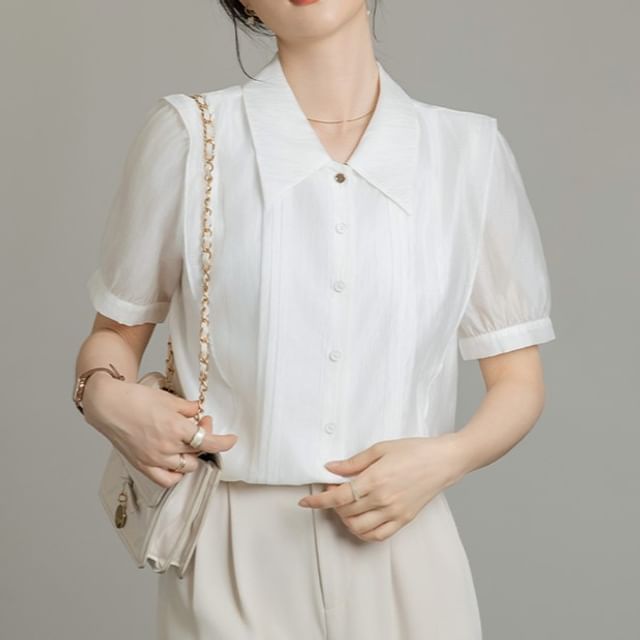 Dragan Pulse-Short Sleeve Collared Plain Mesh Blouse