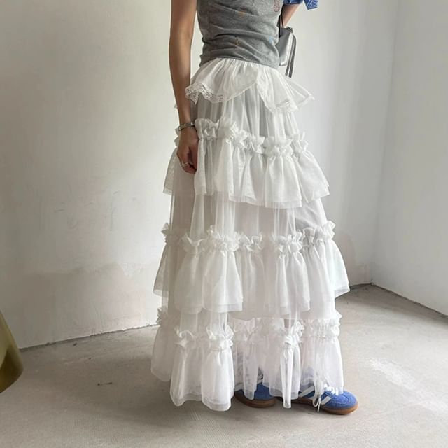 Essere-Elastic Waist Plain Ruffle Maxi A-Line Skirt