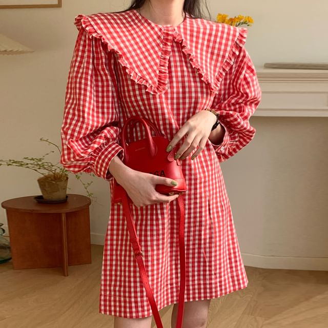 Coris-Elbow-Sleeve Collared Plaid Mini Dress