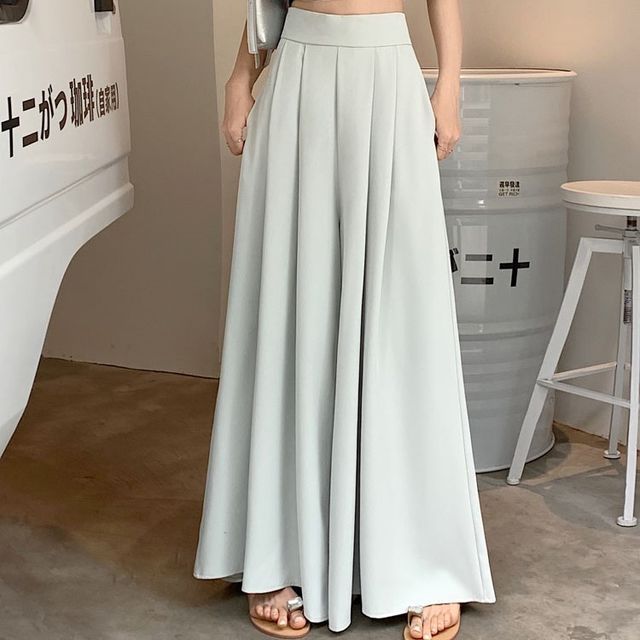 Yako-High-Waist A-Line Wide-Leg Plain Pants