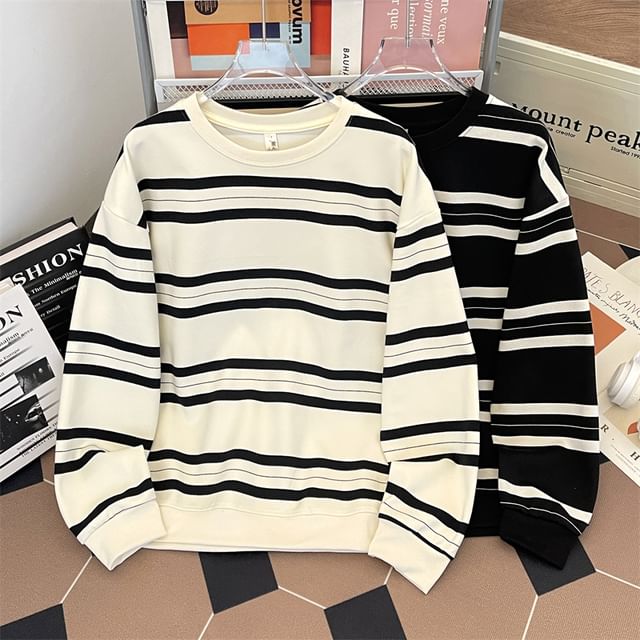 Trimecca-Crew Neck Striped Oversized Sweatshirt