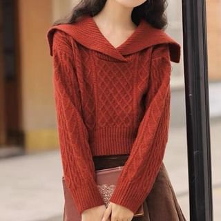 ISSOL-Collar Plain Cable Knit Sweater