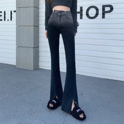 Newkoou - High-Waist Slit-Hem Flared Jeans