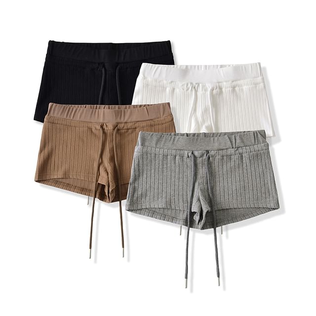 Ulark-Drawstring Waist Plain Ribbed Shorts