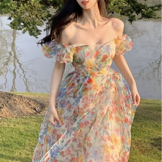 Yako - Puff-Sleeve Off-Shoulder Floral Dress | YesStyle