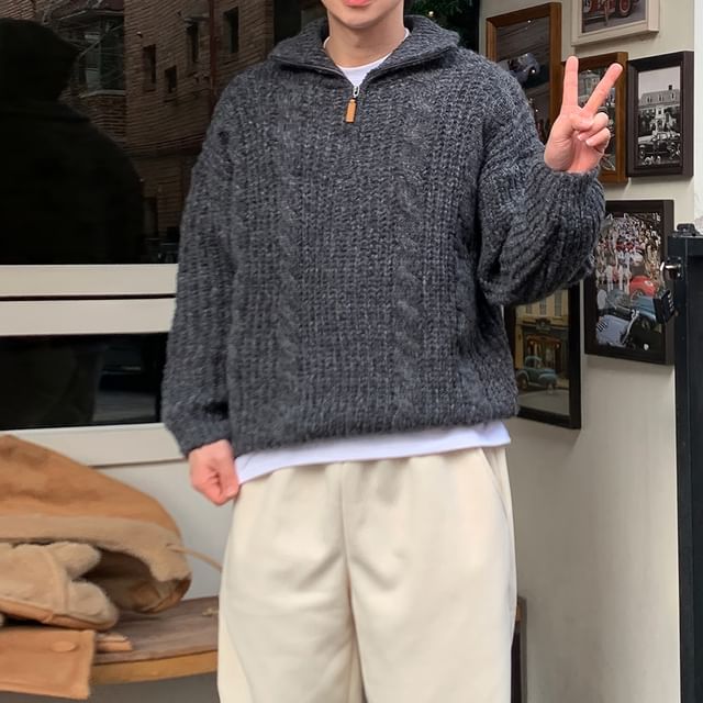 Okwano-Stand Collar Plain Half Zip Cable Knit Sweater