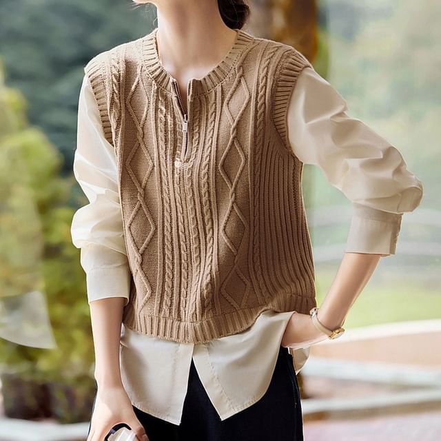 Jeonseon-Long-Sleeve Knit Panel Zip-Up Blouse