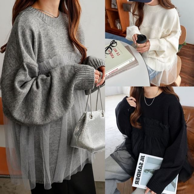 Lewwe-Long Sleeve Round Neck Tulle Hem Sweater