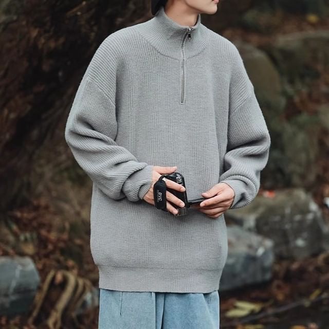 Blueforce-Turtleneck Half Zip Plain Oversized Sweater