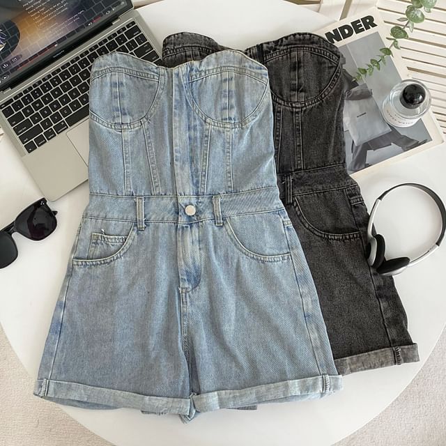 Iasia-Strapless Washed Denim Romper