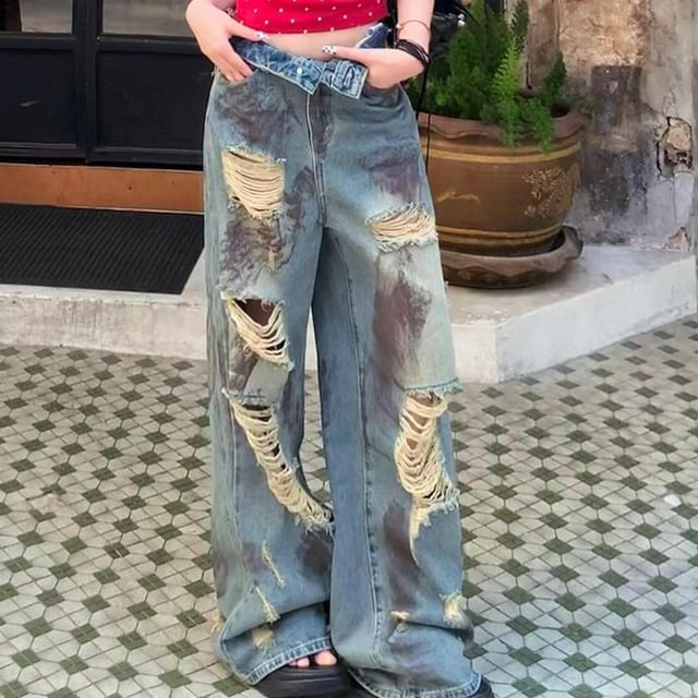 Jerolenea-High Waist Washed Ripped Wide Leg Jeans