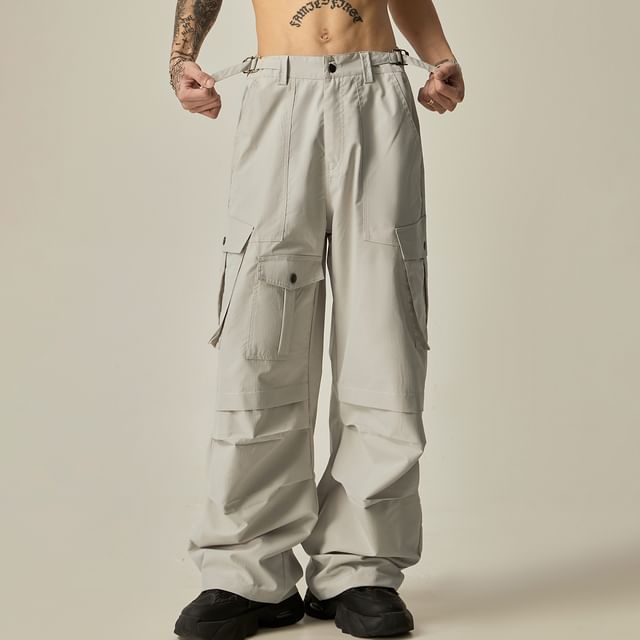 GRAYCIOUS-Mid Rise Plain Wide Leg Cargo Pants