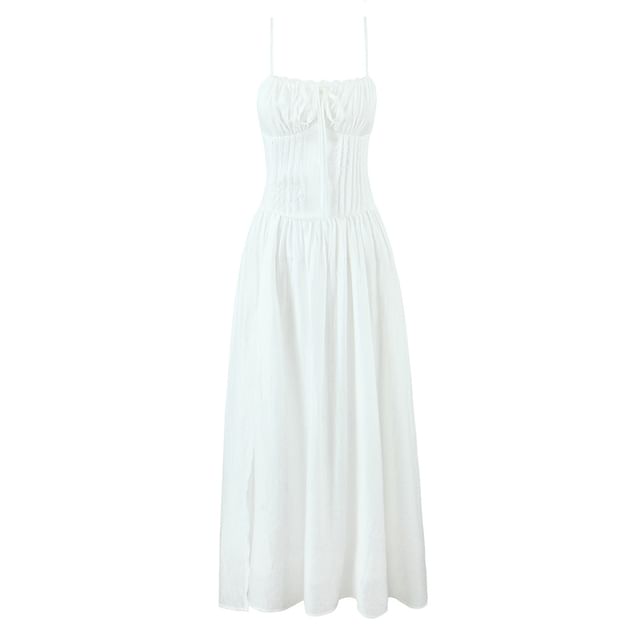Ulark-Spaghetti Strap Plain Maxi A-Line Dress
