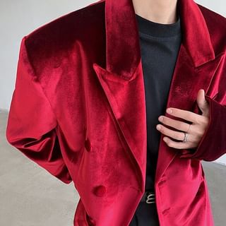 VEAZ-Peak Lapel Plain Double-Breasted Blazer