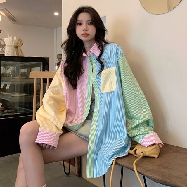 Iduna-Long-Sleeve Striped Pocketed Shirt