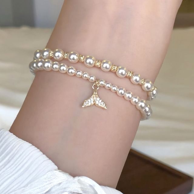 Jamfune Mermaid Tail Rhinestone Faux Pearl Layered Alloy