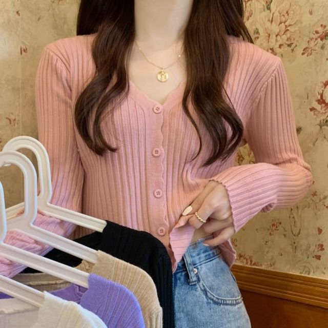 Maisee-V-Neck Ribbed Cardigan