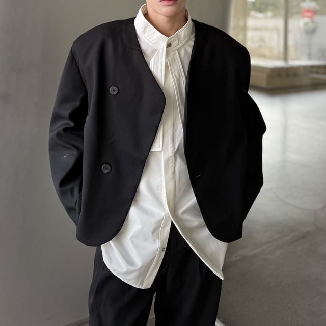 Omozando-Drop Shoulder V-Neck Plain Double Breasted Blazer