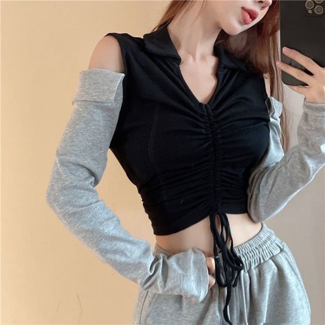 Hevnir-Long-Sleeve V-Neck Cold-Shoulder Drawstring Crop Slim Fit T-Shirt