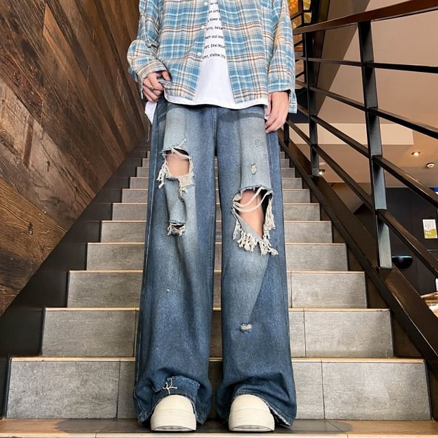Fushet-Mid Rise Washed Distressed Wide Leg Jeans